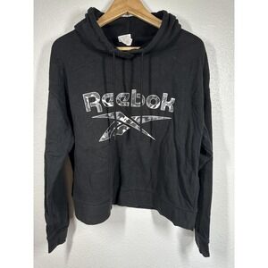 Reebok Hoodie Womens XL Black Cropped Pullover Camo Logo Lightweight Sweatshirt